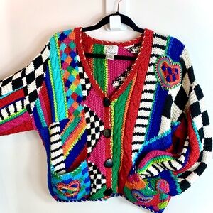Gantos Vintage Colorful Patchwork Sweater Checker Zig Zag Fun Ugly 80s 90s L